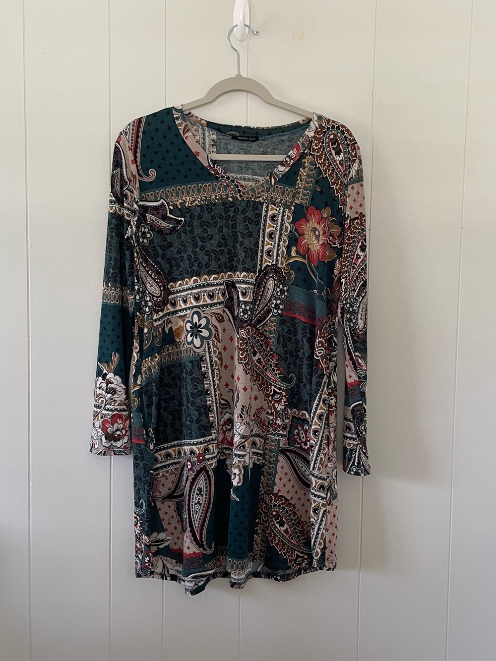 Women’s Teal Paisley Tunic Dress Long Sleeve Boho Patchwork